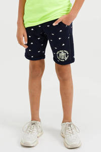 Donkerblauw, wit en groene jongens WE Fashion slim fit sweatshort met regular waist en elastische tailleband met koord
