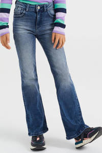 Stonewashed meisjes WE Fashion Blue Ridge flared jeans blue van stretchdenim met regular waist en rits- en knoopsluiting