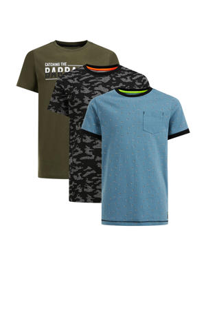 T-shirt - set van 3 lichtblauw/zwart/kaki