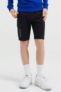 Zwarte jongens WE Fashion Salty Dog gemêleerde slim fit sweatshort van katoen met elastische tailleband met koord