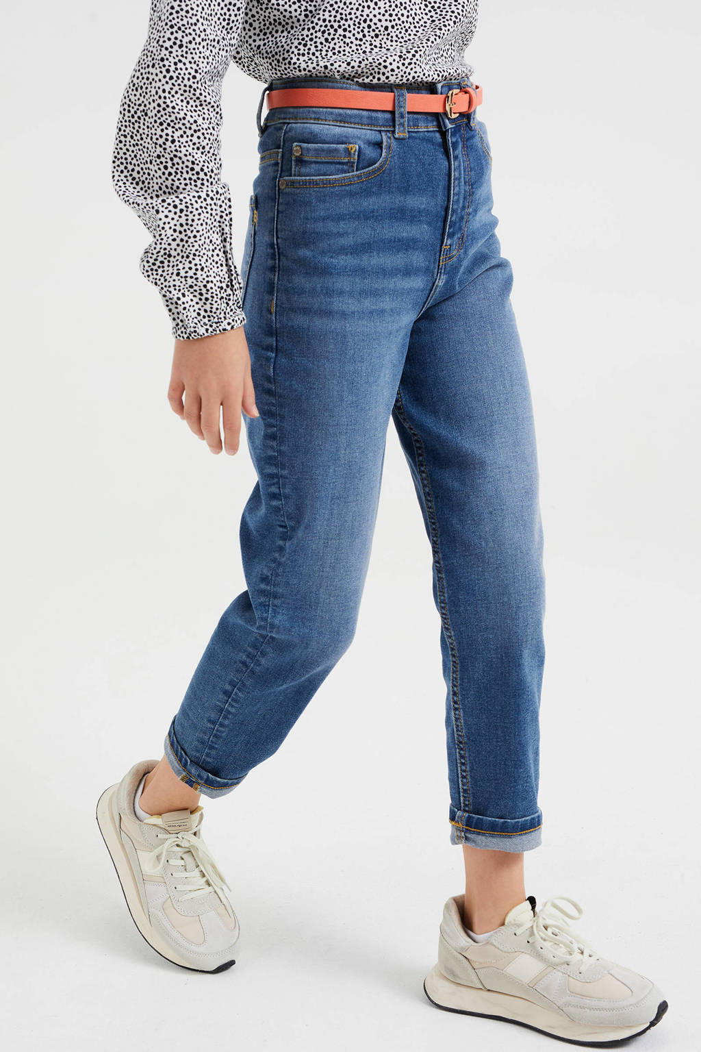 Stonewashed meisjes WE Fashion Blue Ridge high waist mom jeans blue van denim met rits- en knoopsluiting