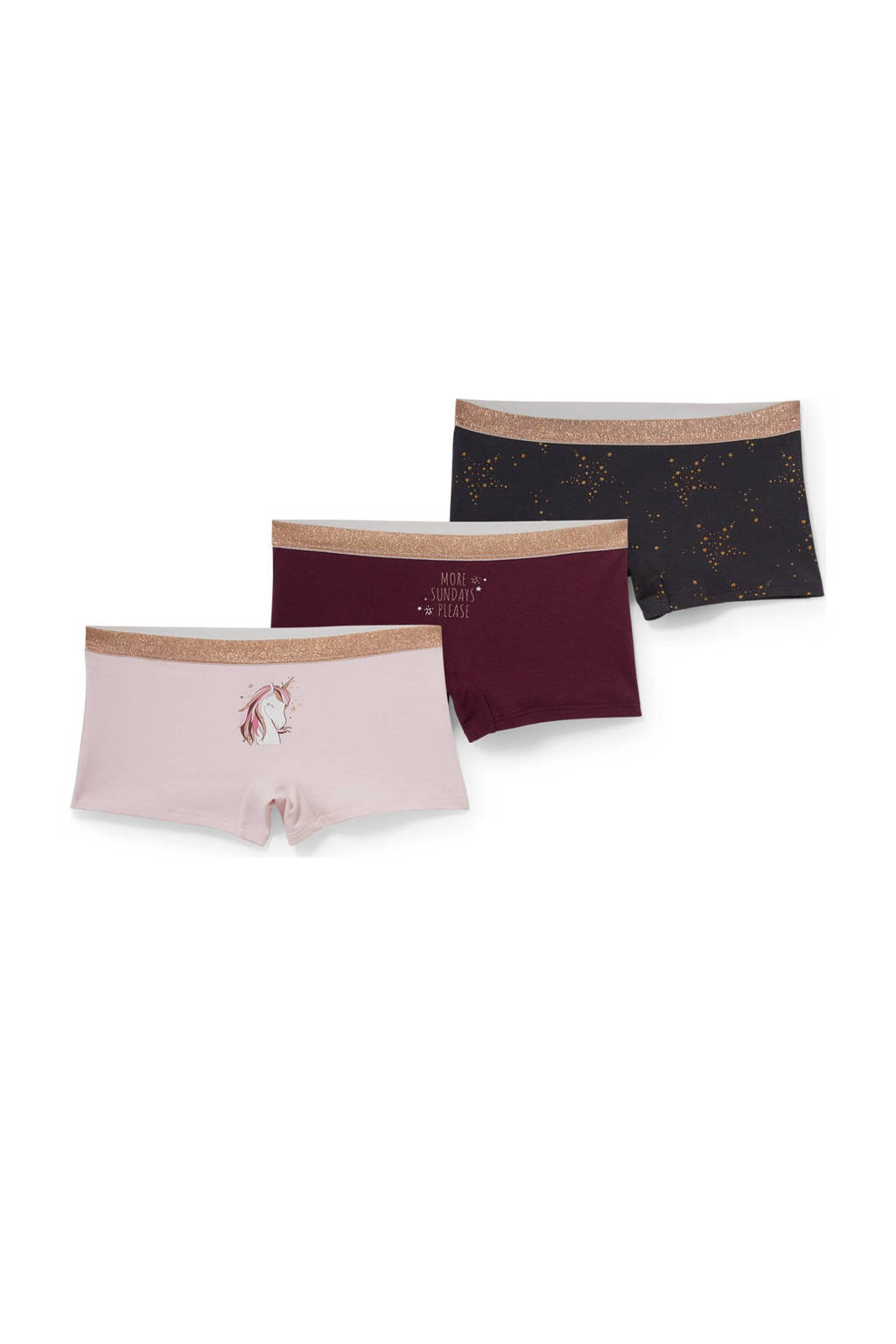 C&A short - set van 3 roze/donkerrood/zwart, Roze/donkerrood/zwart