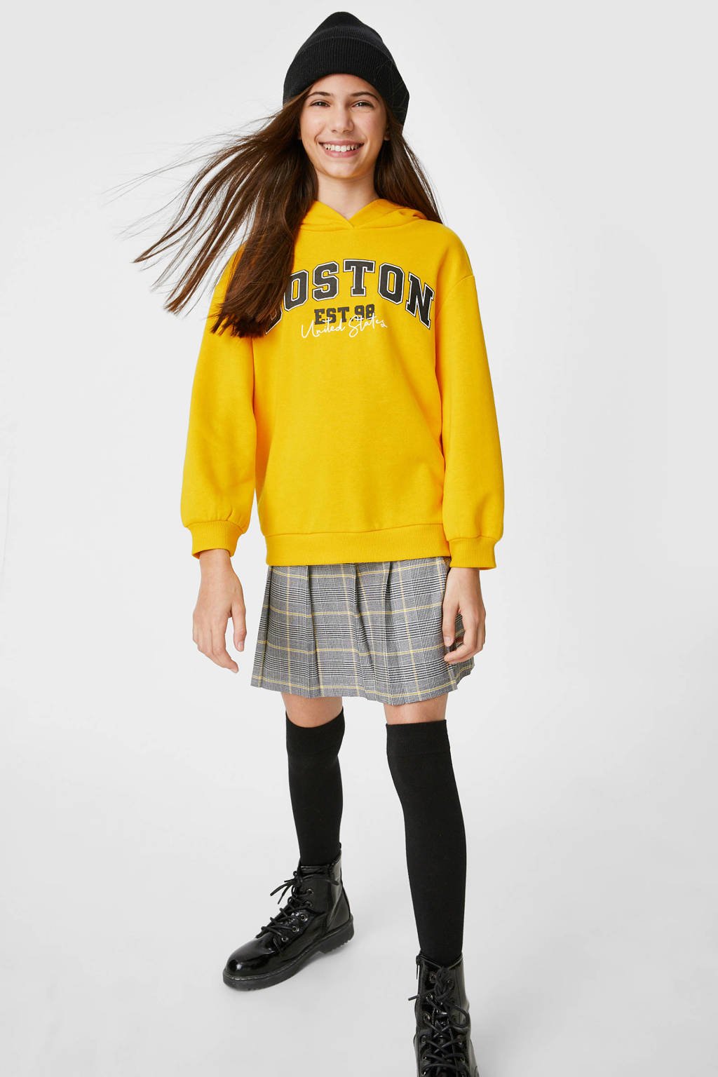 Gele meisjes C&A hoodie + rok + kousen van polyester met printopdruk, lange mouwen, capuchon, elastische inzet en elastische boord