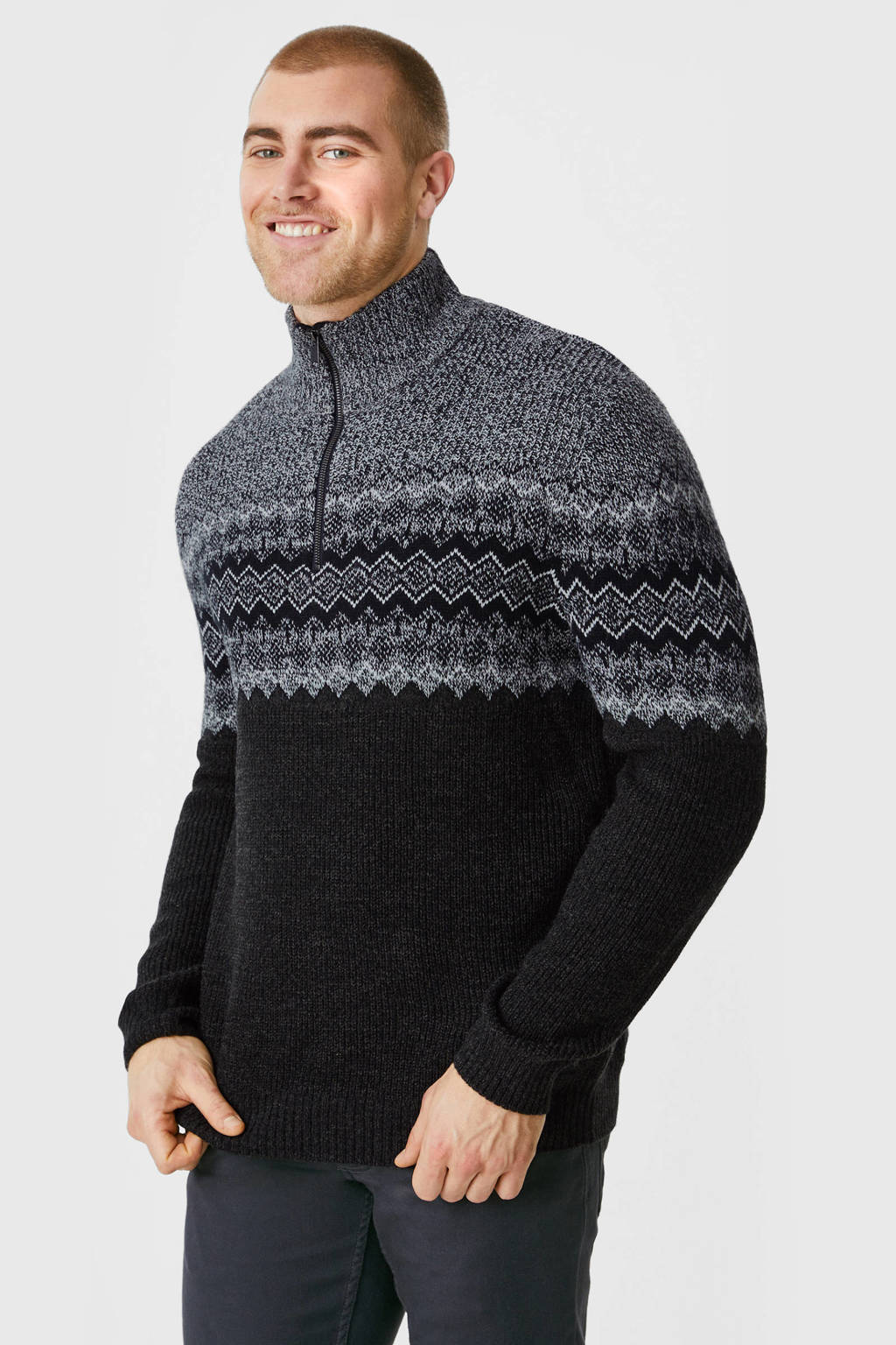 Antraciete heren C&A trui van wol met ingebreid patroon, lange mouwen, schipperskraag en ritssluiting