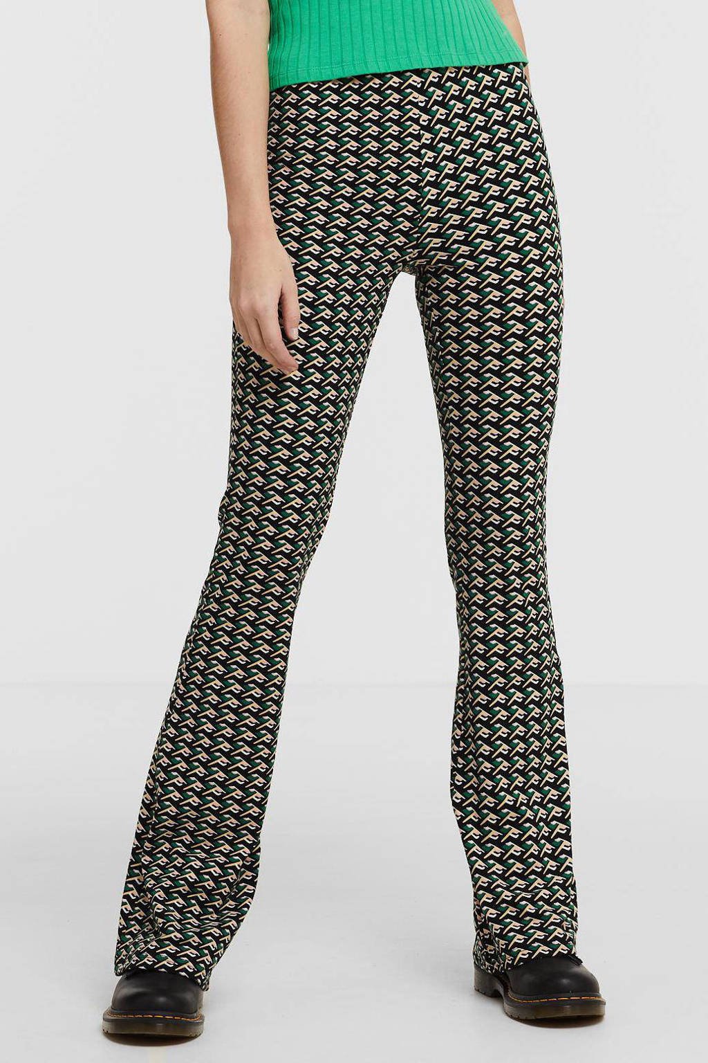 Zwart, groen en beige dames Colourful Rebel flared broek print van polyester met high waist, elastische tailleband en grafische print