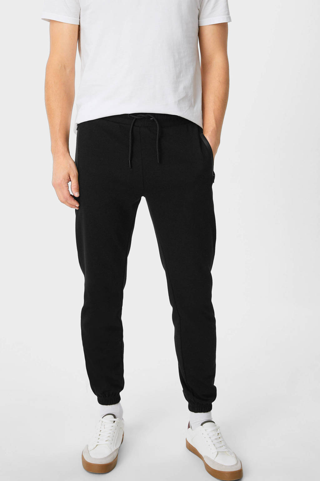 Zwarte heren C&A regular fit joggingbroek van sweat materiaal met elastische tailleband met koord