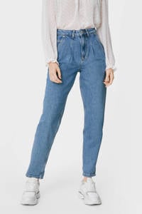Lichtblauwe dames C&A Clockhouse high waist tapered fit jeans van stretchdenim met rits- en knoopsluiting