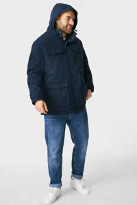 Donkerblauwe heren C&A jas van nylon met lange mouwen, capuchon en rits- en drukknoopsluiting