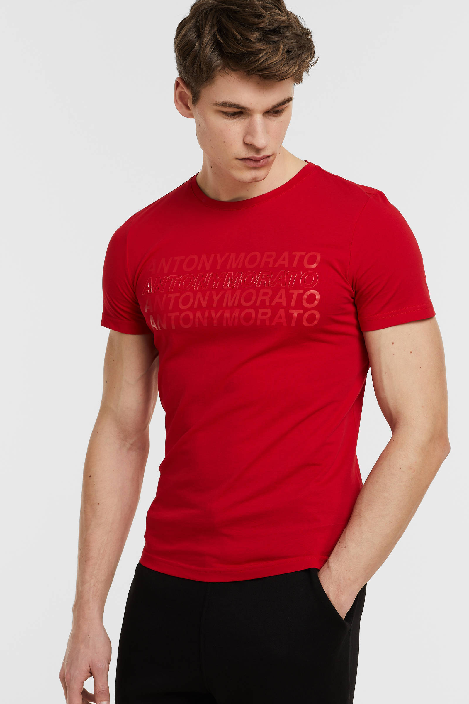 men in red t shirt