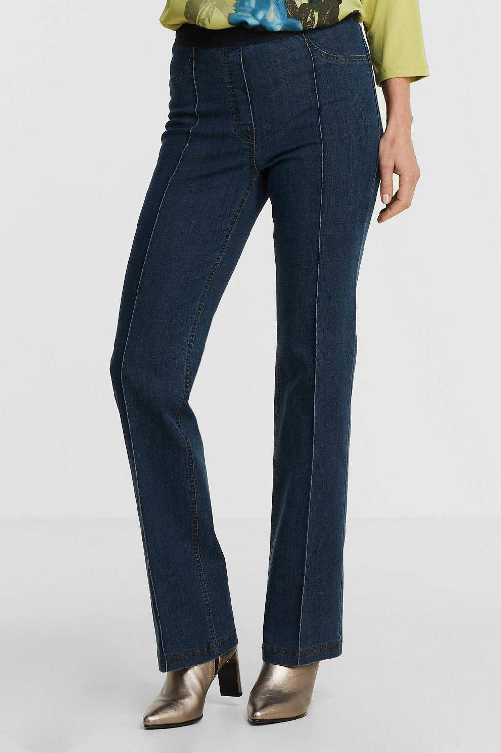 Donkerblauwe dames gardeur flared jeans Zilla van duurzaam stretchdenim met regular waist en elastische tailleband