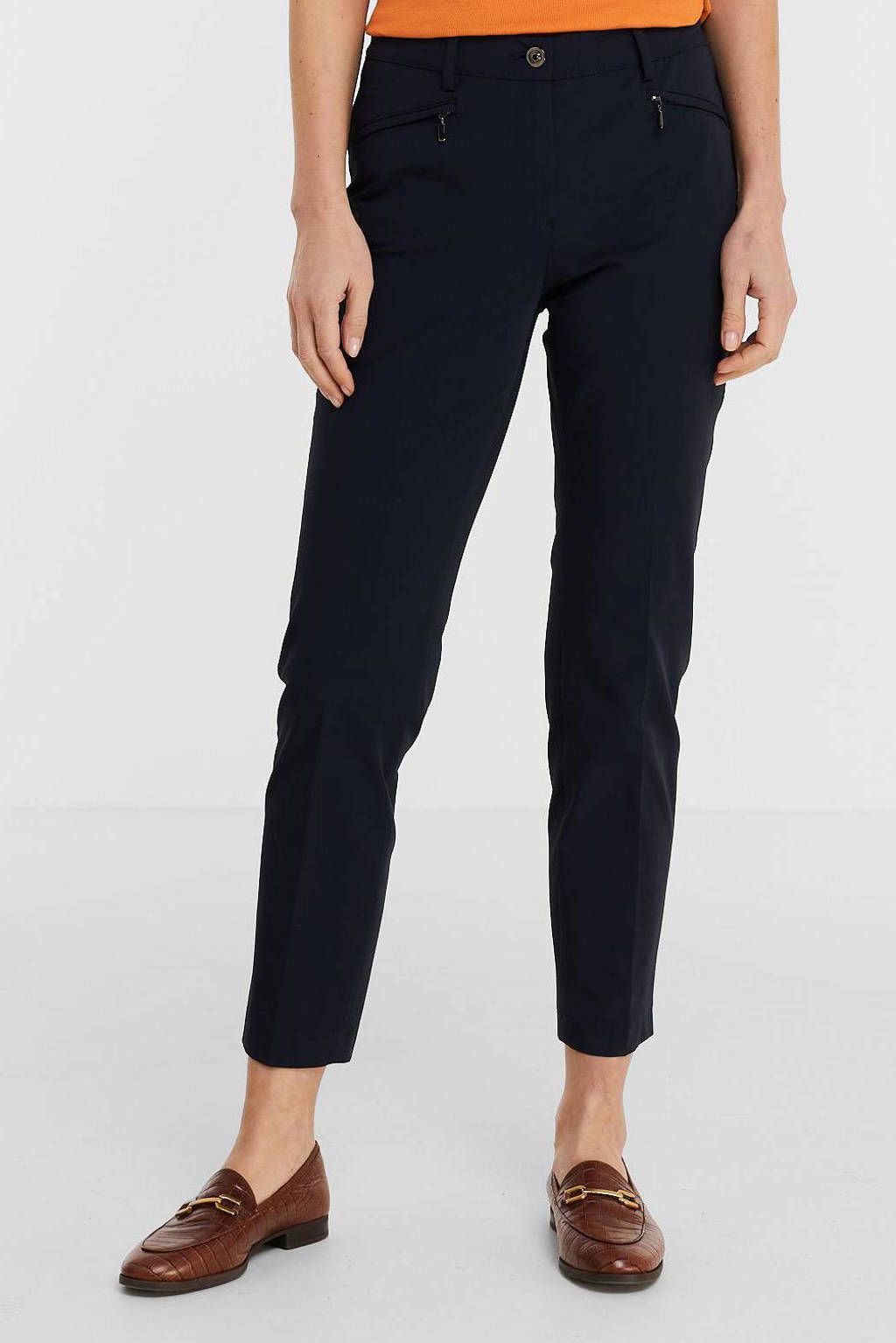 Marineblauwe dames gardeur cropped straight fit pantalon Dina2 van stretchkatoen met regular waist en rits- en knoopsluiting