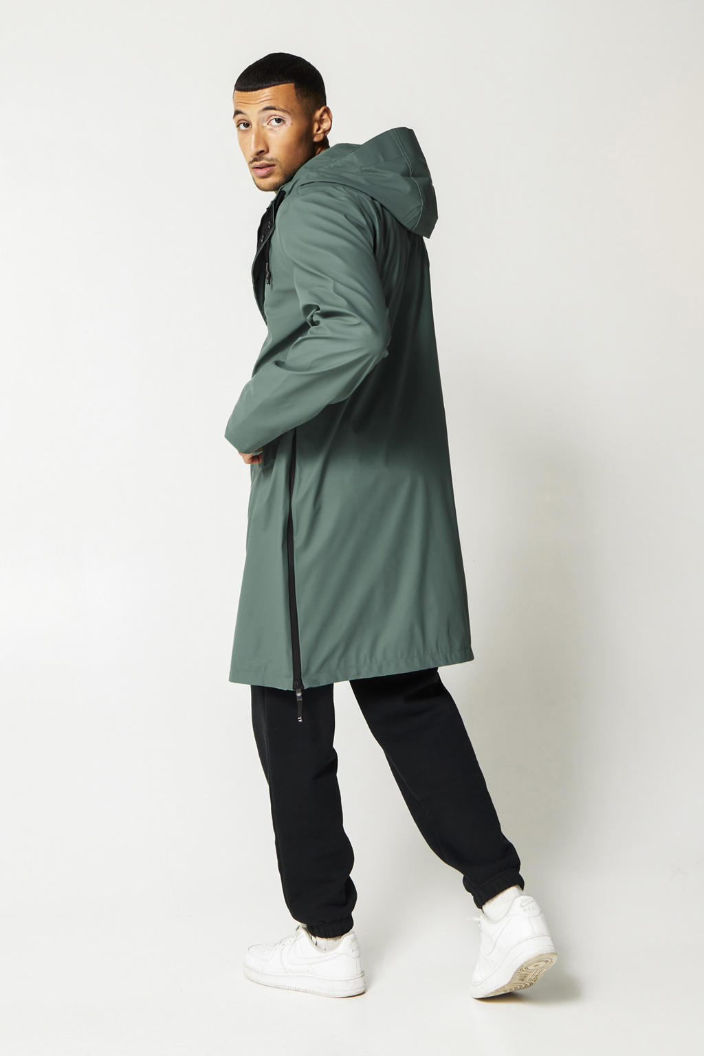 Groene dames America Today jas Jace X van polyester met effen, lange mouwen, capuchon en rits- en drukknoopsluiting