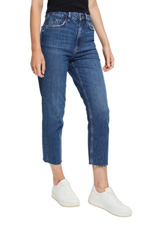 cropped high waist straight fit jeans blue dark wash