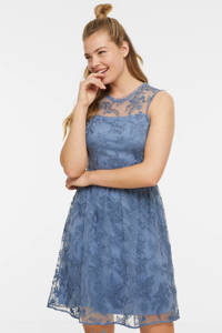 Blauwe dames ESPRIT Women Collection semi-transparante A-lijn jurk met borduursels van polyamide met bladprint, ronde hals en rits- en knoopsluiting