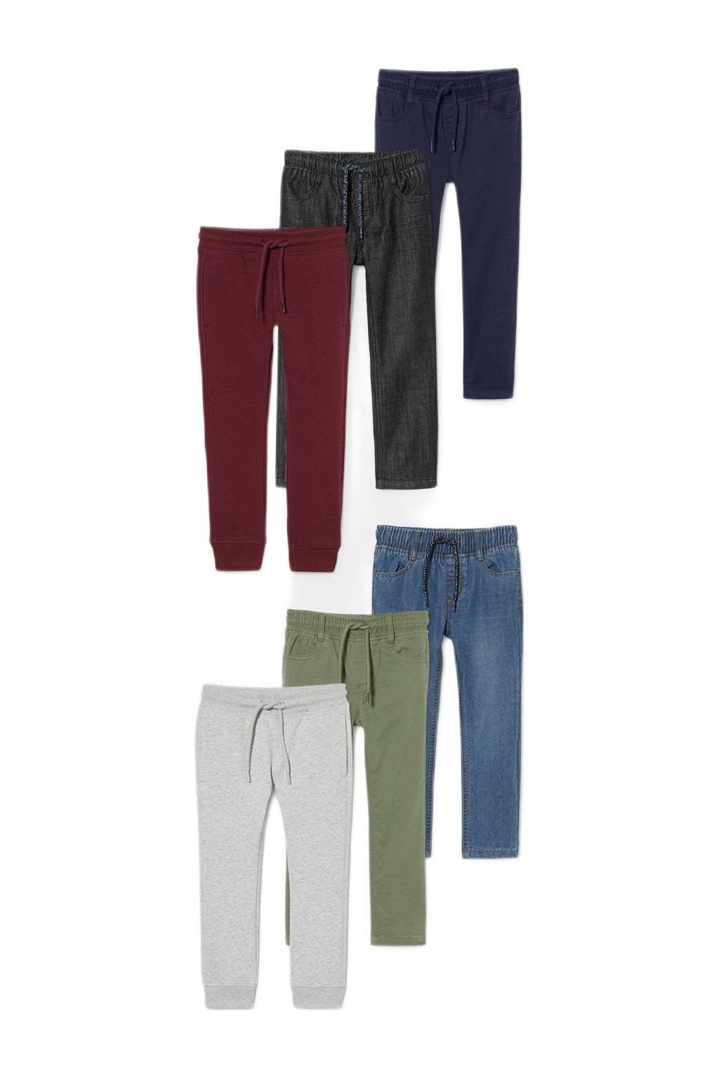 Set van 6 multikleurige jongens C&A broek van katoen met slim fit, regular waist en elastische tailleband met koord