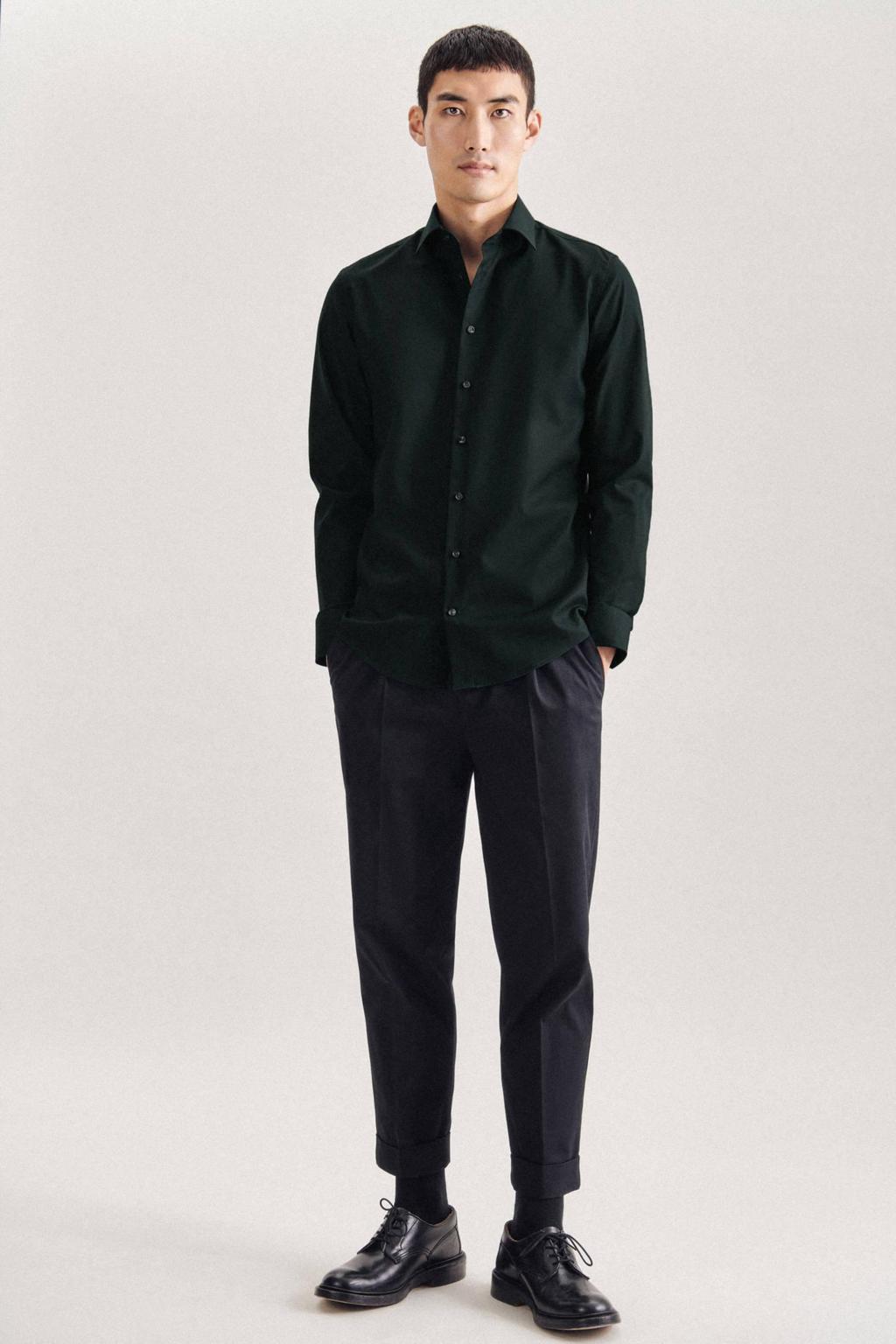 Groene heren Seidensticker slim fit overhemd van katoen met lange mouwen en klassieke kraag