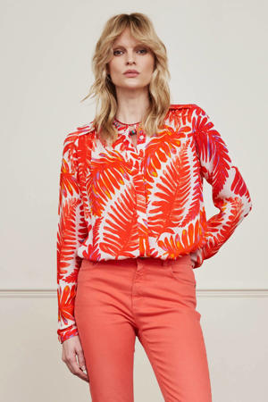 blouse Sunset met bladprint oranje/ gebroken wit
