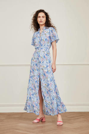 maxi blousejurk Mia Indy  met all over print en ruches lichtblauw