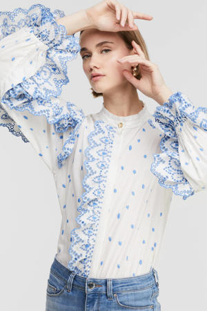 semi-transparante geweven blouse Josie met borduursels ecru/ lichtblauw