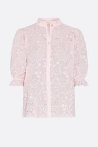 Lichtroze dames Fabienne Chapot semi-transparante blouse Meggy van viscose met korte mouwen, opstaande kraag, knoopsluiting en ballonmouwen
