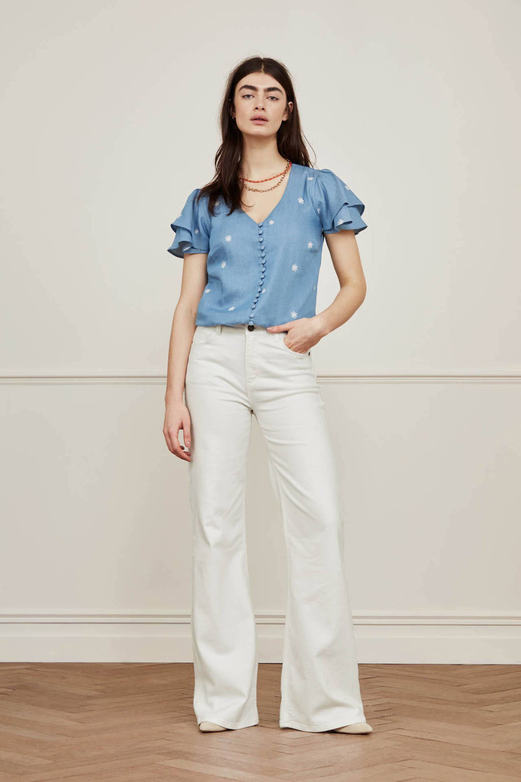 Fabienne Chapot denim blouse Lea Summer met borduursels light blue, Light Blue