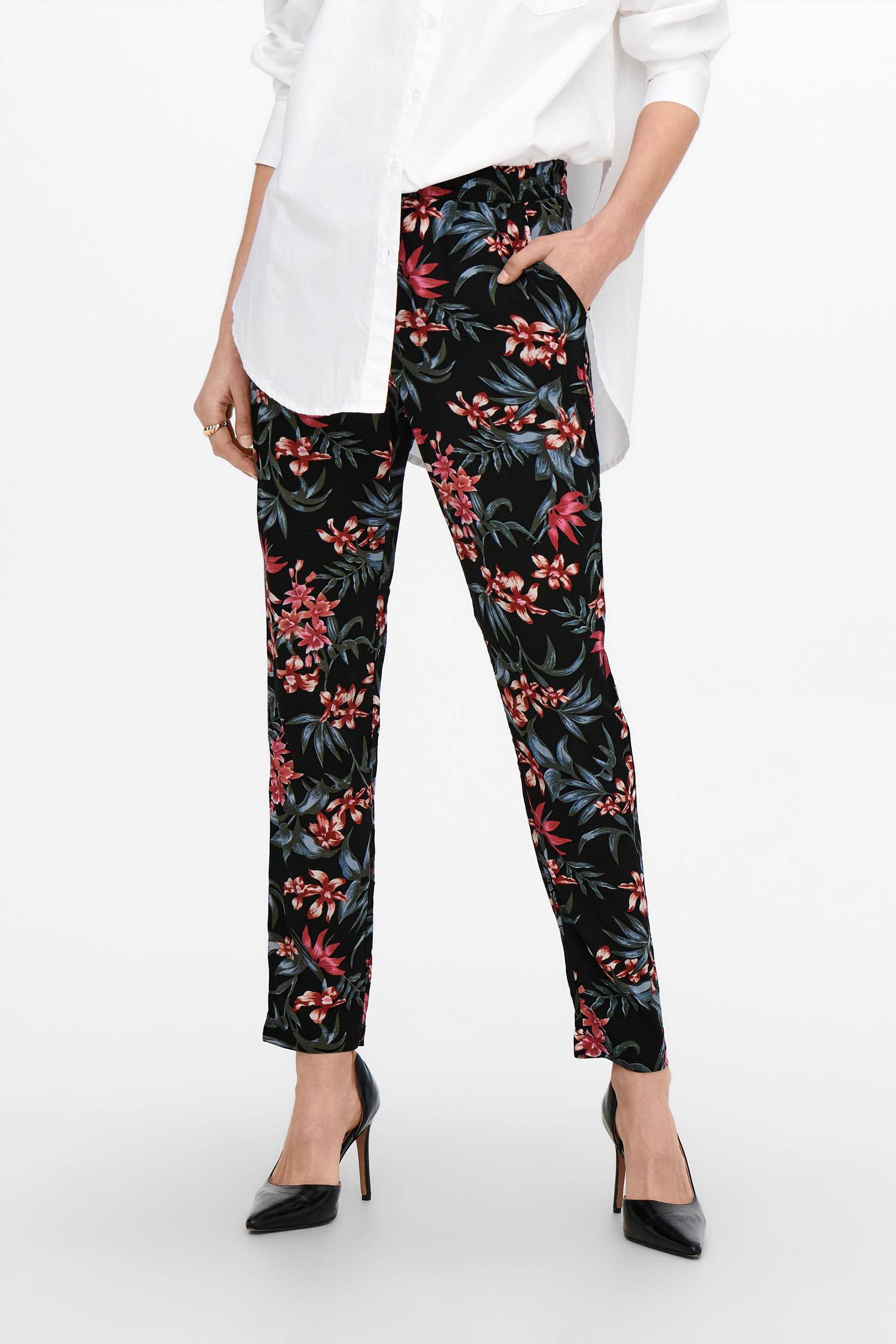 ONLY gebloemde regular fit broek ONLNOVA zwart/roze/groen | wehkamp