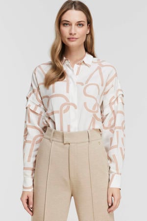 blouse Blair met grafische print en plooien gebroken wit/ lichtroze