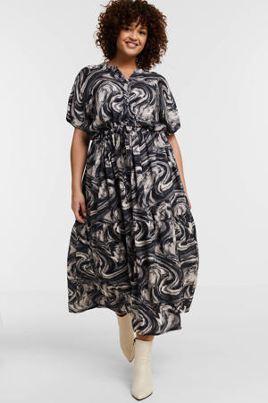 maxi jurk met all over print en volant grijs/zwart/lichtgrijs