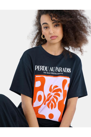T-shirt Paradis met grafische print zwart/lichtpaars/rood