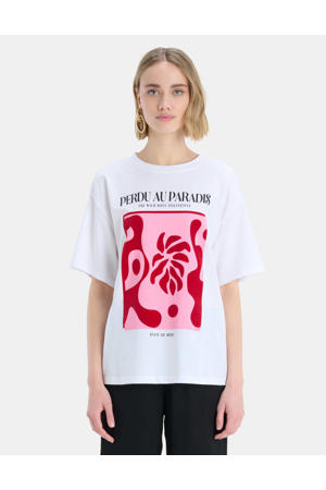 T-shirt Paradis met grafische print wit/roze/rood