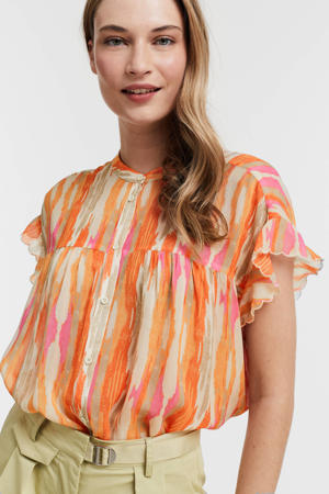 blouse Brandi met all over print en volant lichtoranje/ beige