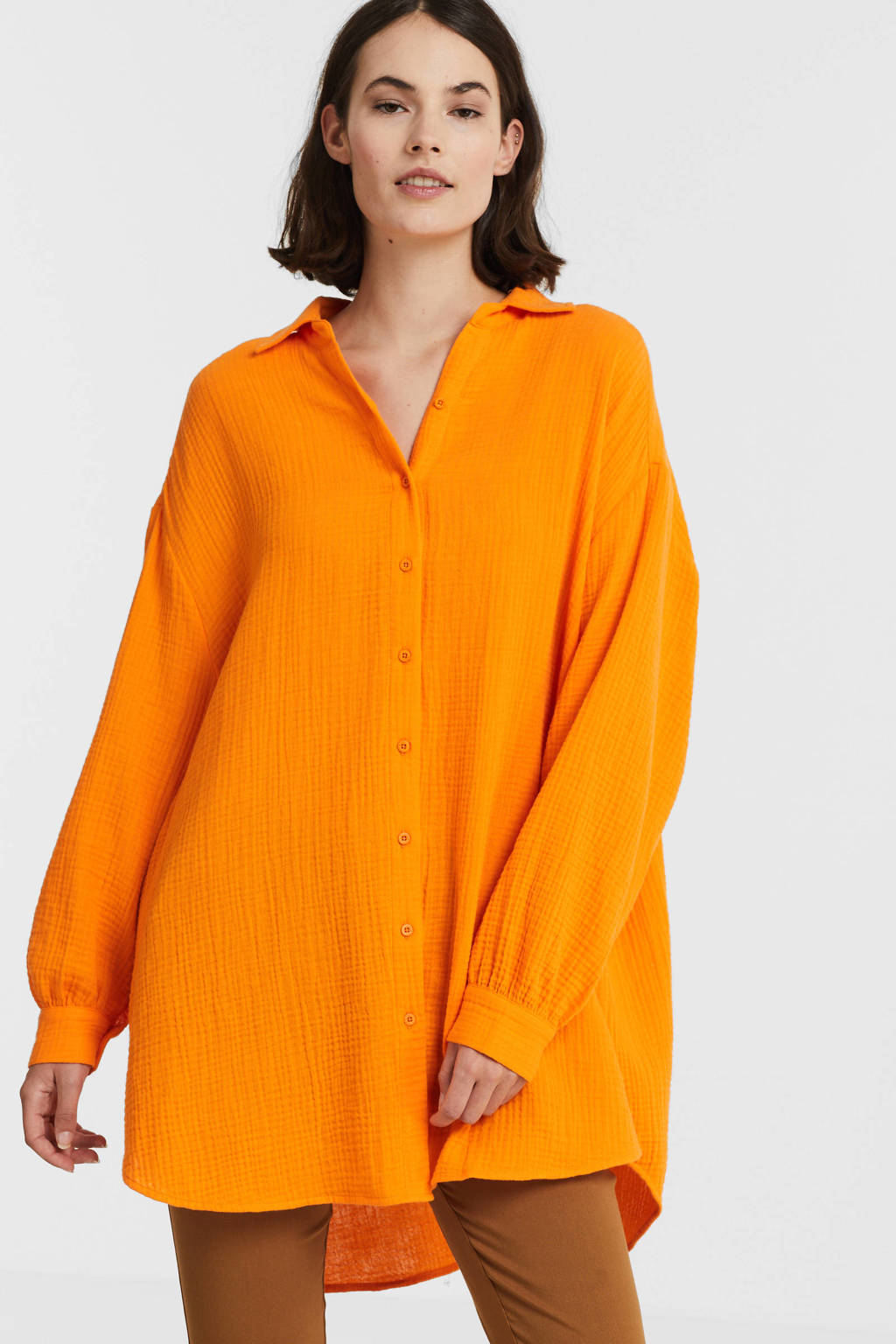 Oranje dames Circle of Trust blouse Lou van katoen met lange mouwen, klassieke kraag, knoopsluiting en crinkle cotton