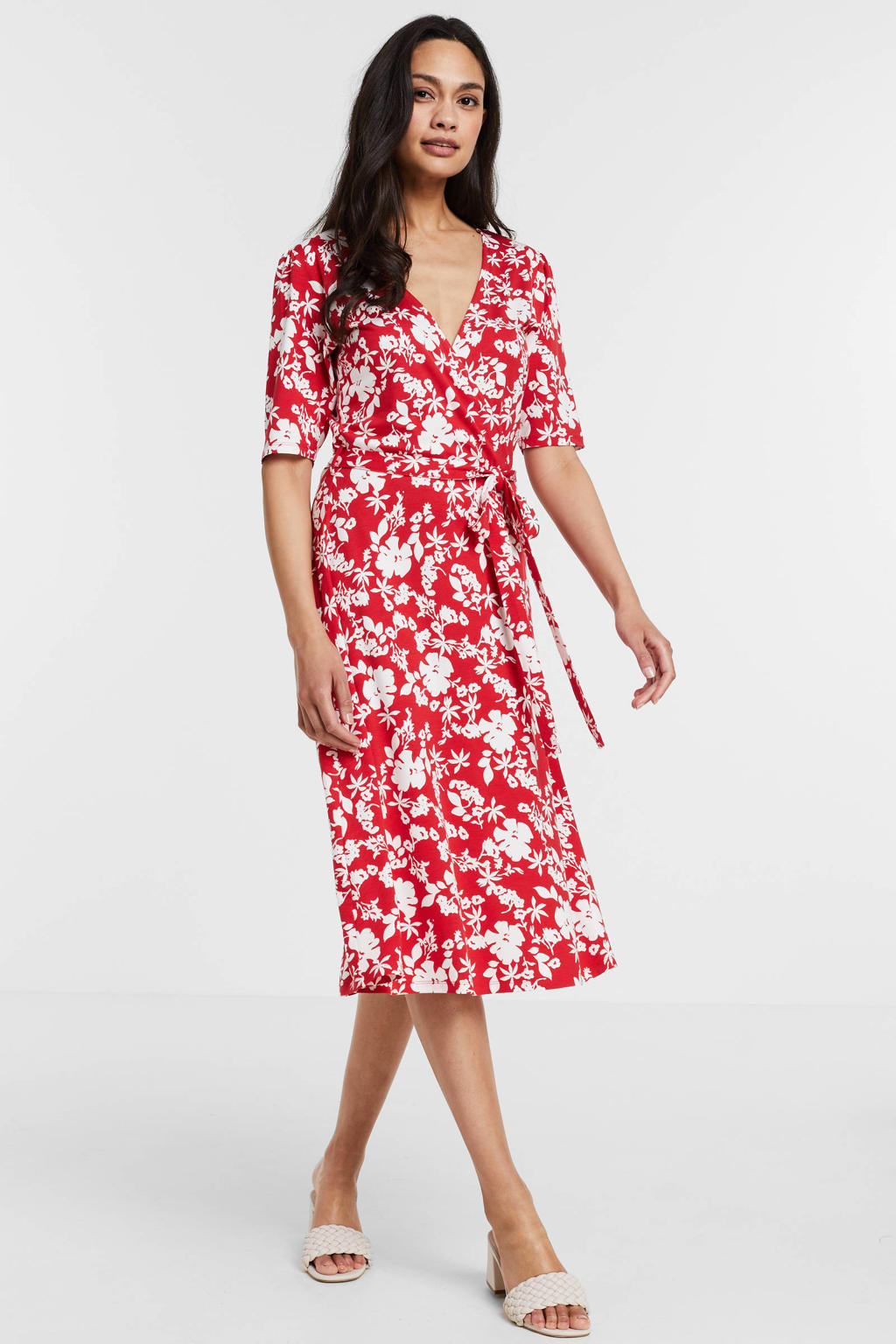 Rode dames Imagine Wrap dress van viscose met bloemenprint, driekwart mouwen en overslagkraag