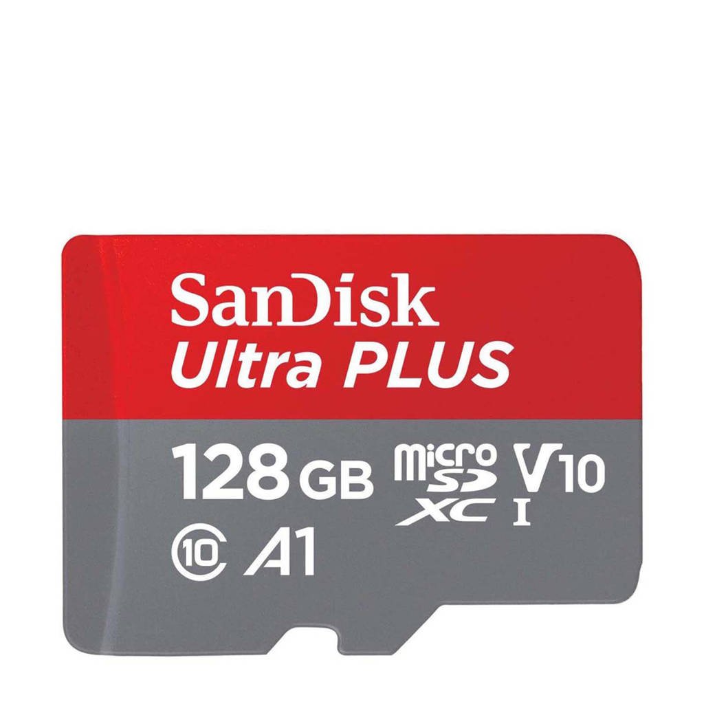 Sandisk Ultra Plus 128GB micro SD geheugenkaart, rood, grijs