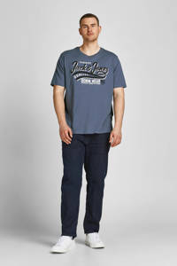 Grijsblauwe heren JACK & JONES PLUS SIZE regular fit T-shirt Plus Size van katoen met logo dessin, korte mouwen en ronde hals