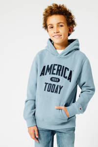 Blauwe jongens America Today Junior hoodie Steven Jr van sweat materiaal met logo dessin, lange mouwen, capuchon en geribde boorden