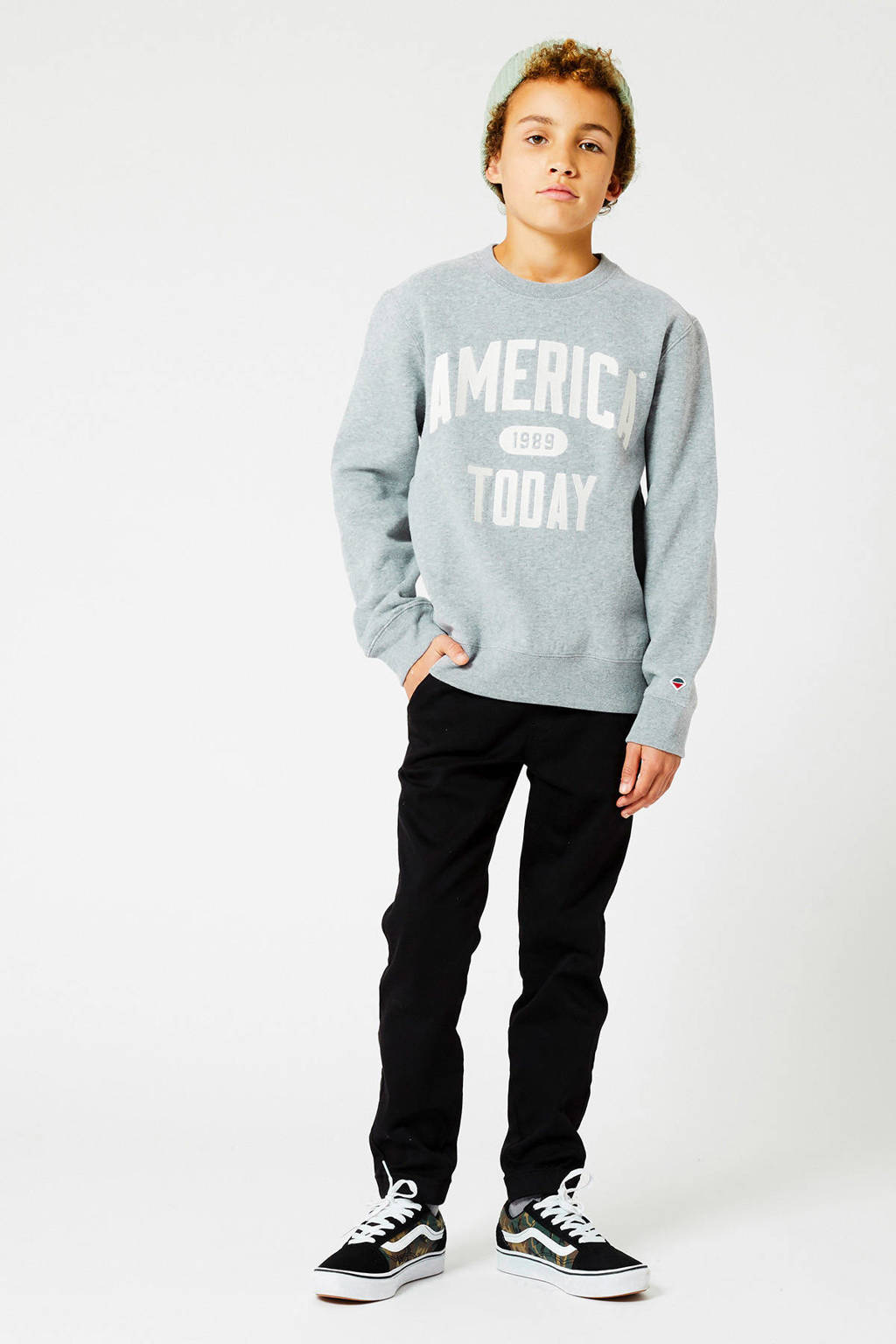 Grijs melange jongens America Today Junior loose fit sweater Simon melange met lange mouwen en ronde hals