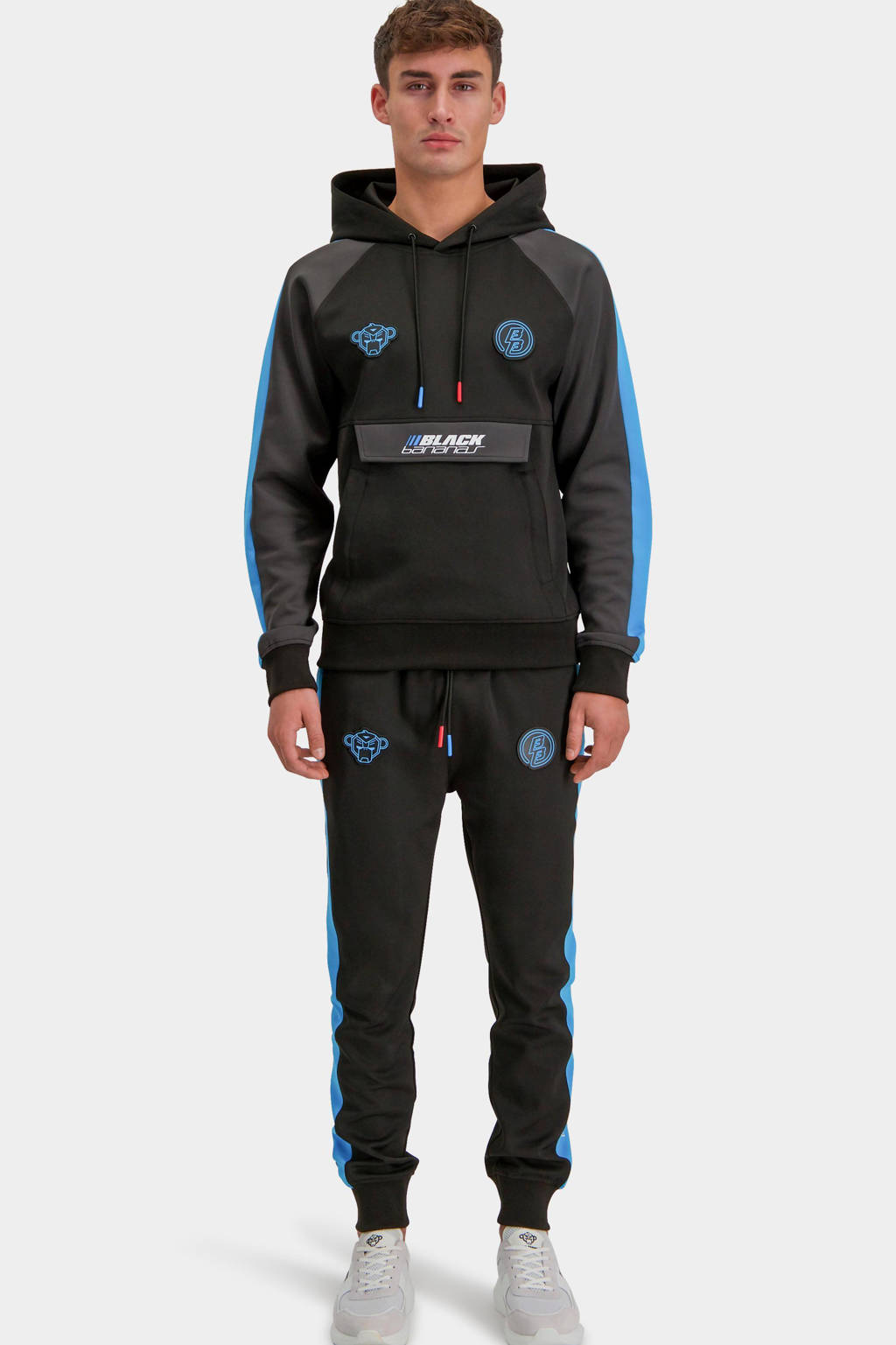 BLACK BANANAS regular fit joggingbroek Augmented met zijstreep black/volt blue, Black/Volt Blue