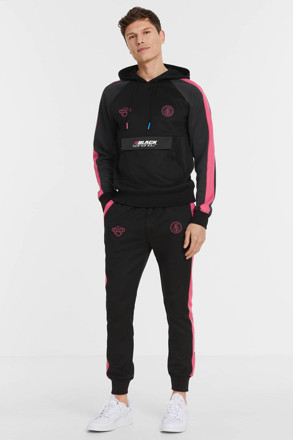 BLACK BANANAS regular fit joggingbroek Augmented met zijstreep black/hot pink, Black/Hot Pink