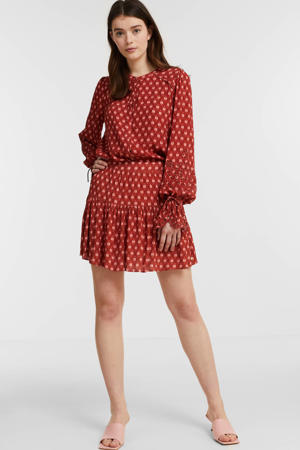 blouse Meghan met all over print en ruches rood/oudroze