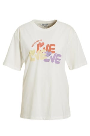 T-shirt Love met tekst en borduursels gebroken wit