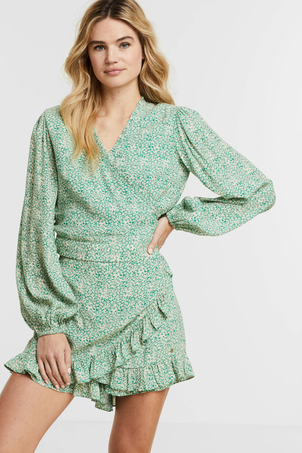 Groene dames HARPER & YVE overslag top Brooke en plooien van viscose met all over print, lange mouwen, striksluiting en ballonmouwen