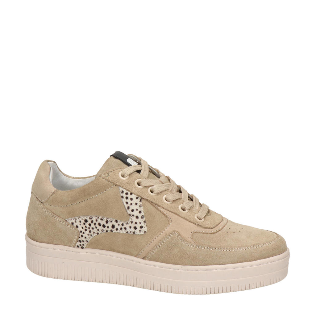 Beige dames Maruti Momo suède sneakers met veters en dierenprint
