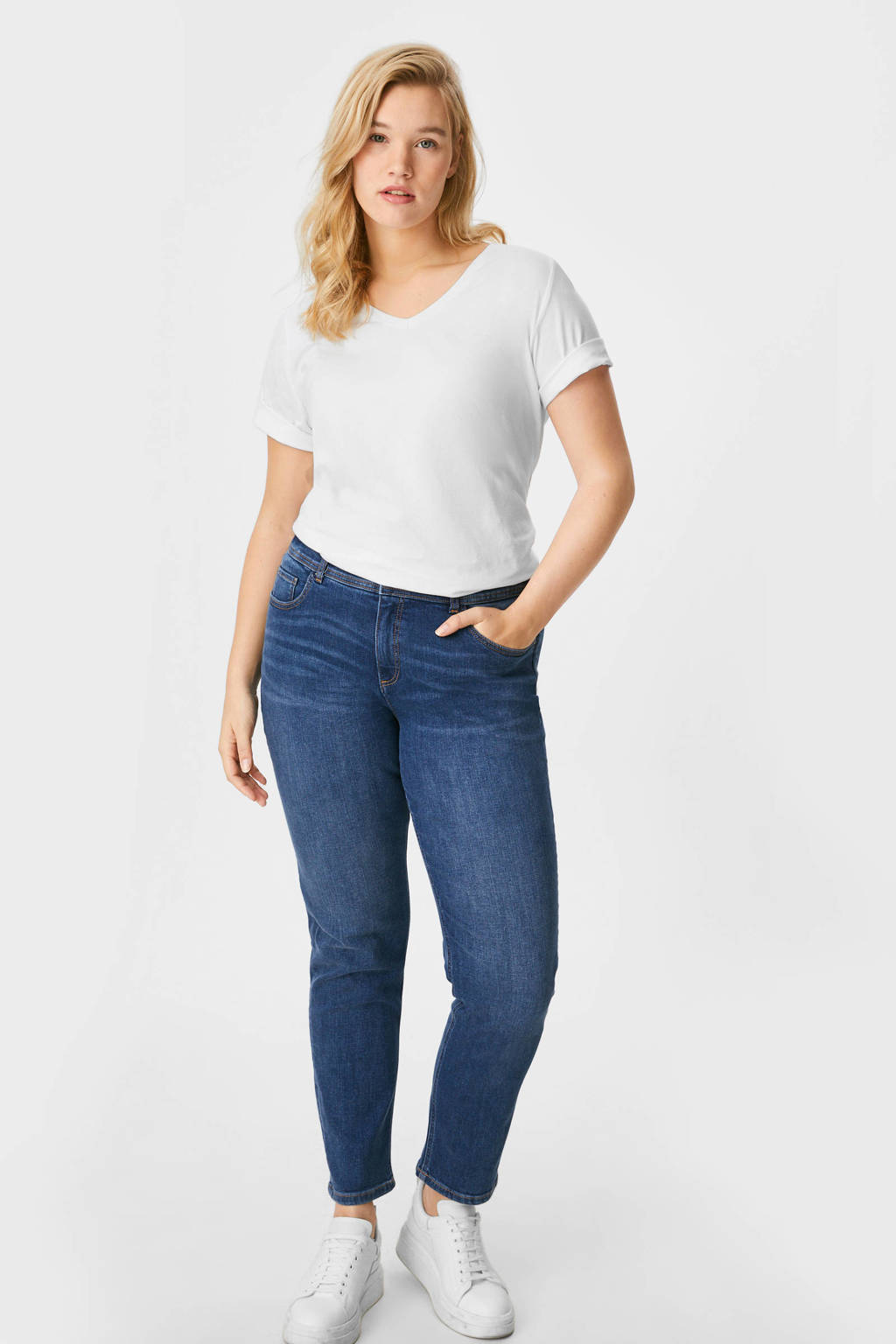 Donkerblauwe dames C&A XL slim fit jeans van stretchdenim met vintage look