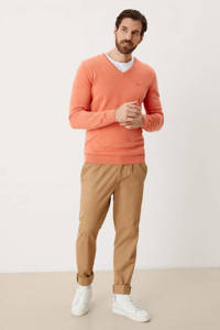 Oranje heren s.Oliver fijngebreide trui van katoen met lange mouwen en V-hals