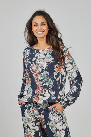 top Pearl met all over print donkerblauw/wit