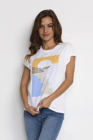 T-shirt KAhana met printopdruk en pailletten wit/geel/blauw/beige