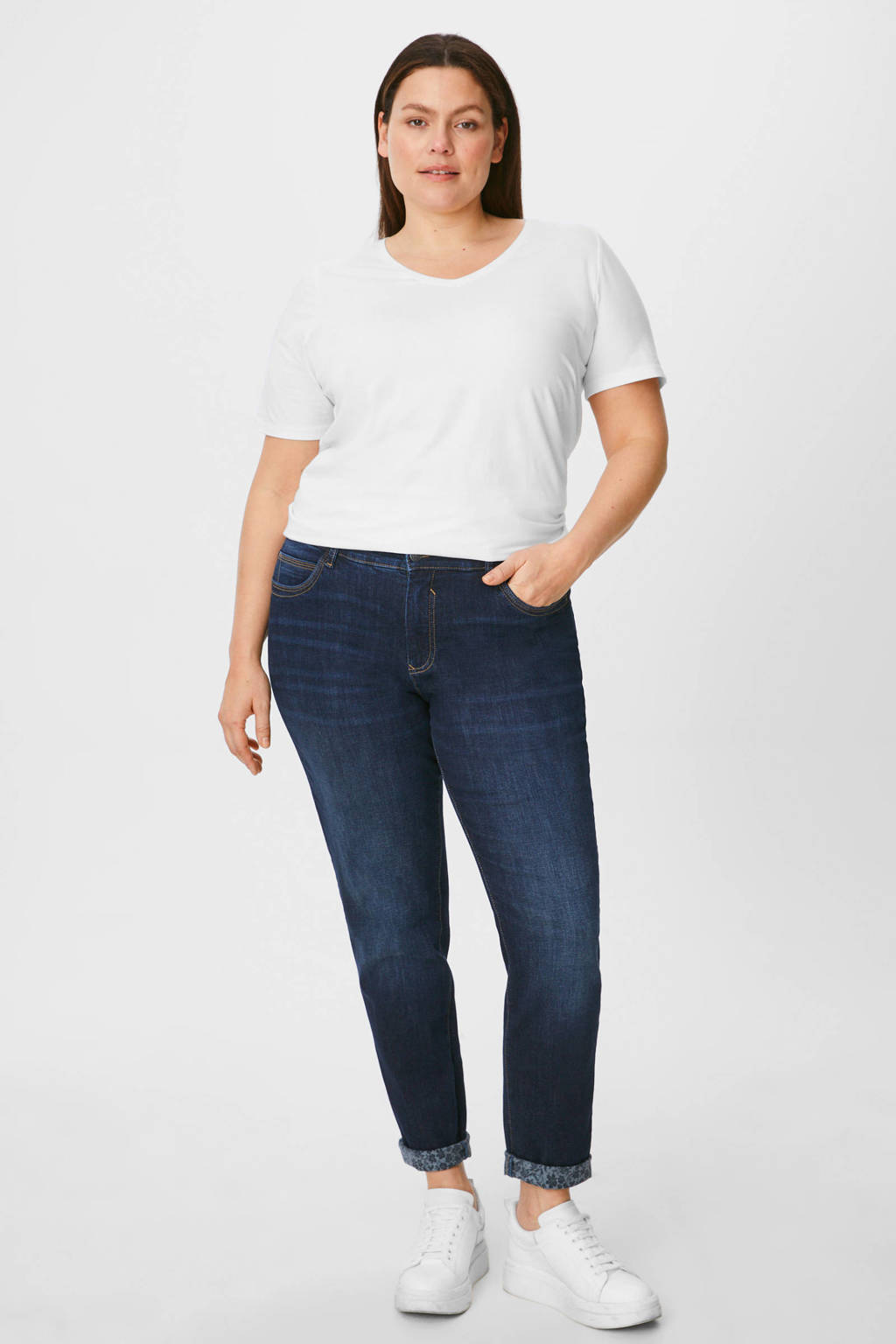 Donkerblauwe dames C&A XL straight fit jeans van denim met vintage look, rits- en knoopsluiting en riemlussen