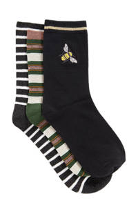 WE Fashion sokken met prints - set van 3 multi, Zwart/ecru/kaki/oranje