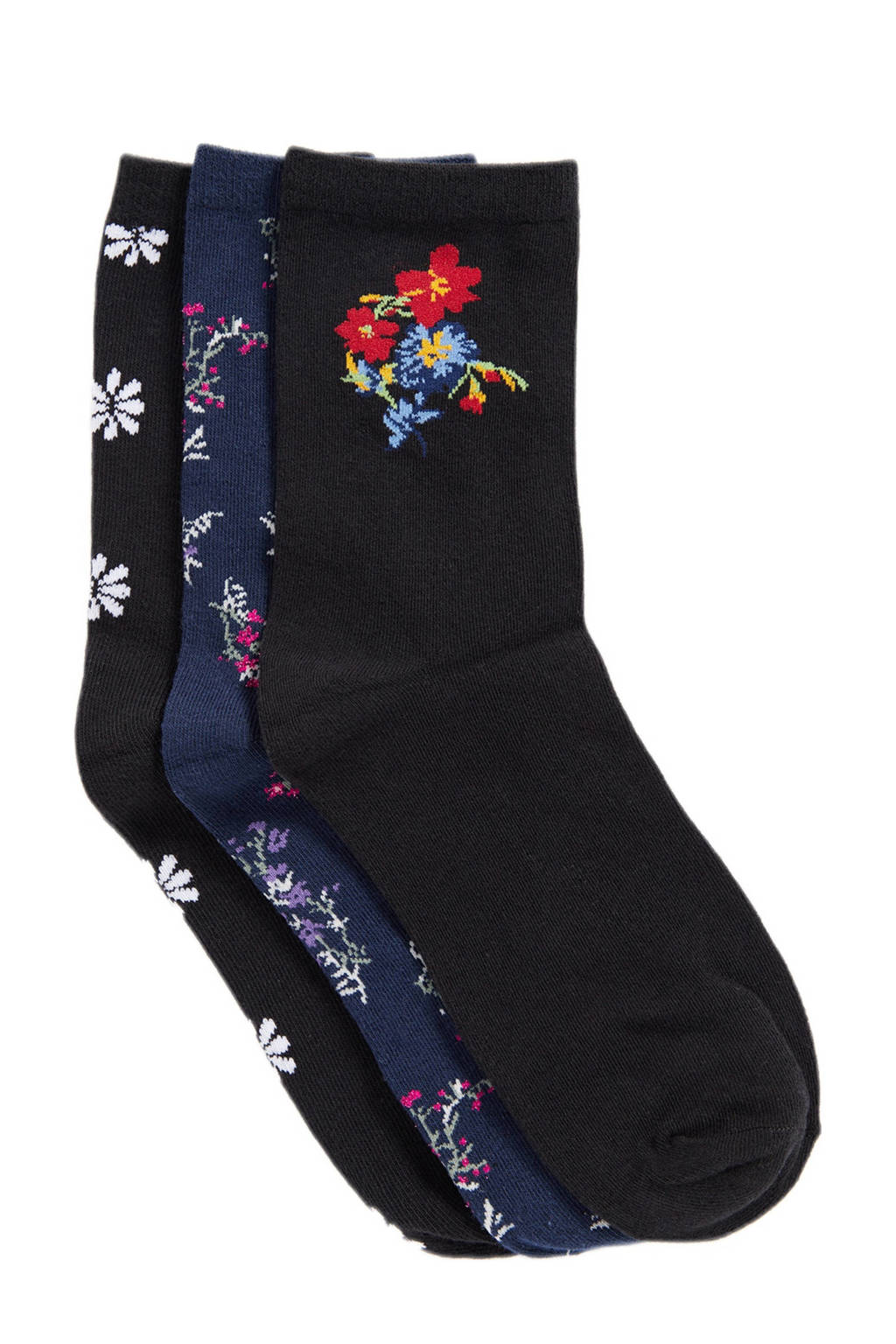 WE Fashion sokken met print - set van 3 donkerblauw, Donkerblauw/multi